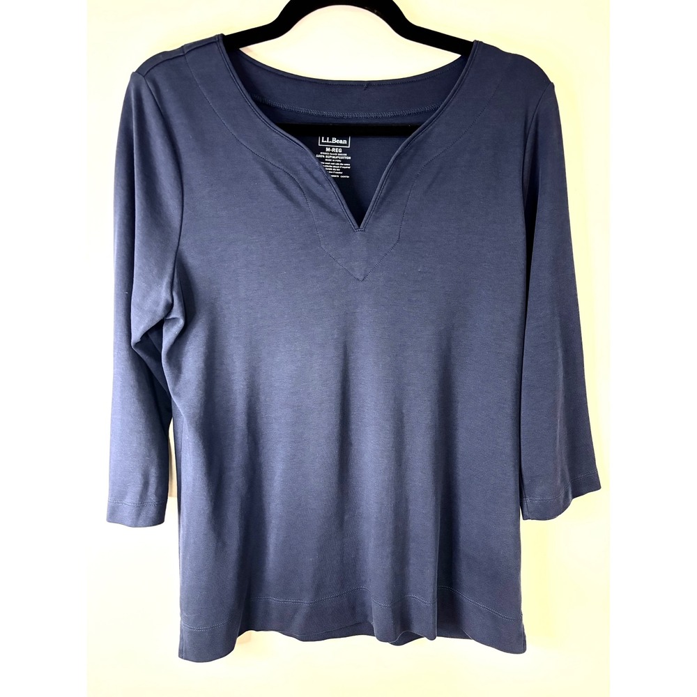 LL Bean Supima Cotton 3/4 Sleeve V Neck Top Navy Blue Misses Medium Regular